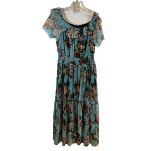 Lapis Floral Sleeveless Dress Sz XL Pleated Tiered Boho Off shoulder Maxi A10